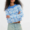 VacationGrabs Oversized Cropped Knit Sweater Women Roll Neck Floral Jacquard Pattern Contrast Trim Long Sleeve Loose Pullover Knit Top