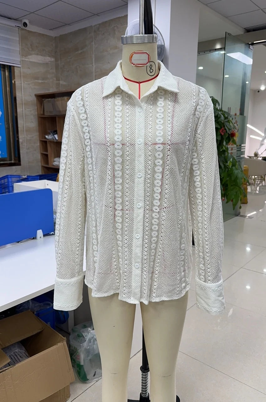 VacationGrabs Vintage Long Sleeve Blouses Summer Casual Elegant Ladies Blusas Boho Beach Hollow Out Lace Blouse Shirt for Women Top