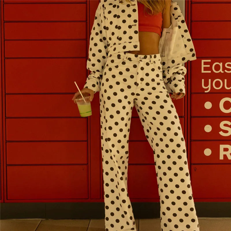 VacationGrabs Vintage American Polka Dot High Waisted Wide Leg Jeans for Women Retro Straight Leg Denim Pants Casual Streetwear