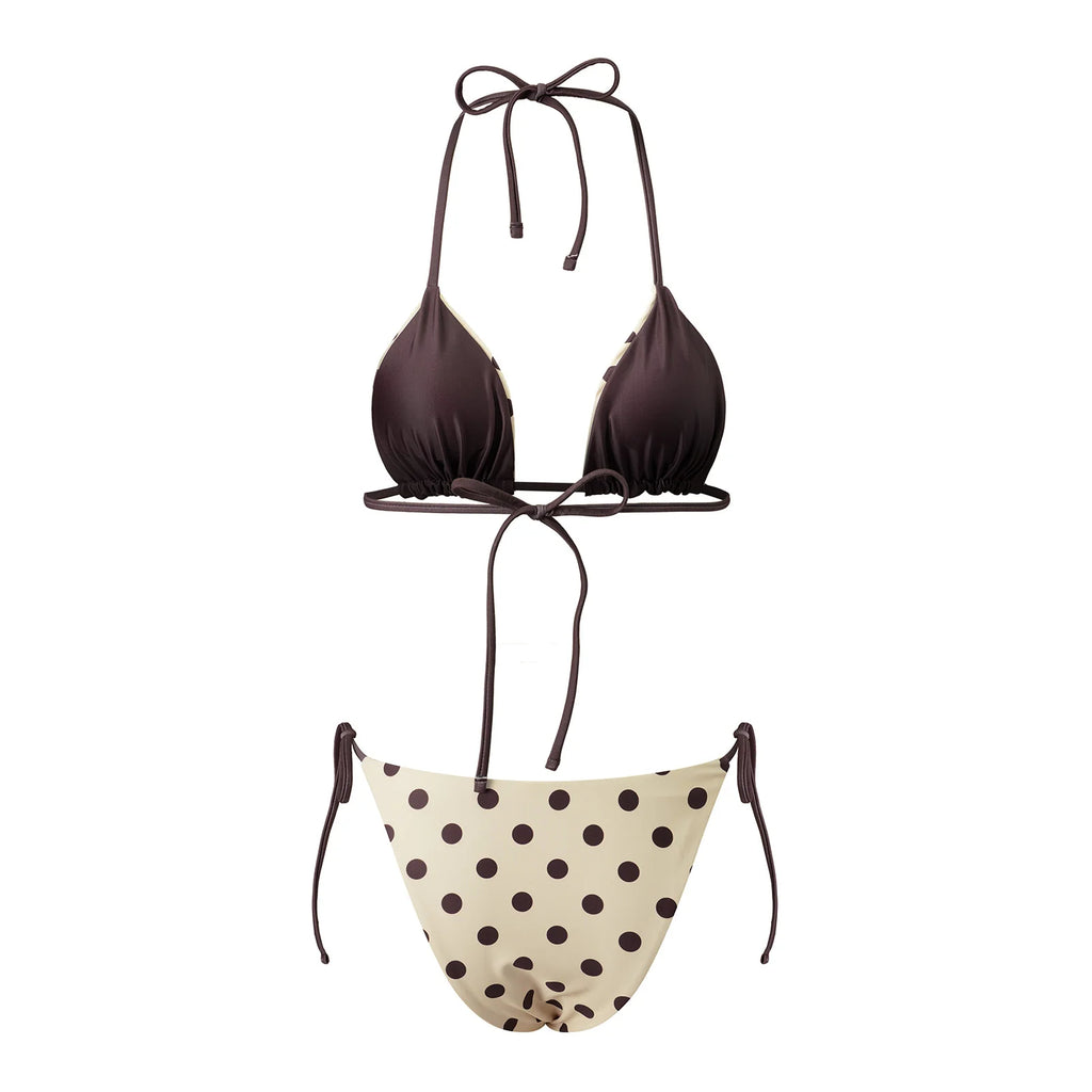 VacationGrabs Women Reversible Two Piece Swimsuit Halter String Triangle Bikini Sets Tie Side Cheeky Thong Brazilian Bathing Suit