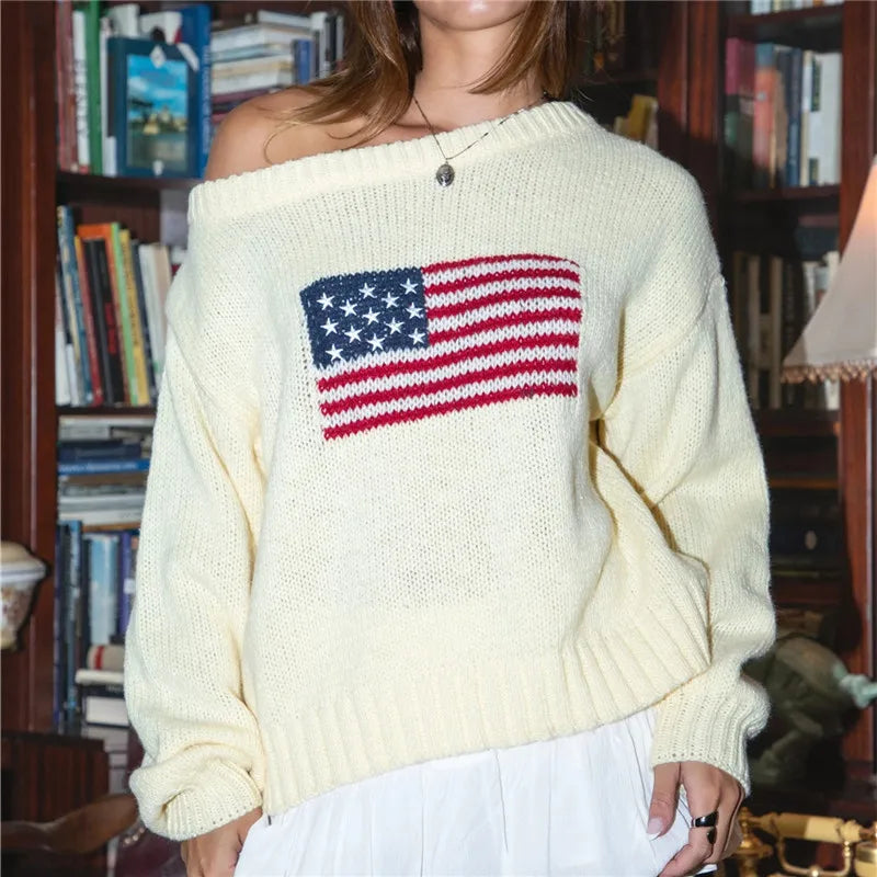 VacationGrabs Off Shoulder American Flag Knit Sweater for Women Long Sleeve Oversized Fit Casual Streetwear Pullover for Fall Winter