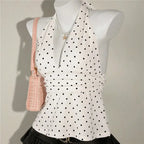 VacationGrabs Ladies Vintage Polka Dot Halter Neck Top Deep V Tie Back Sleeveless Ruched Waist Peplum Tank Top For Y2K Streetwear