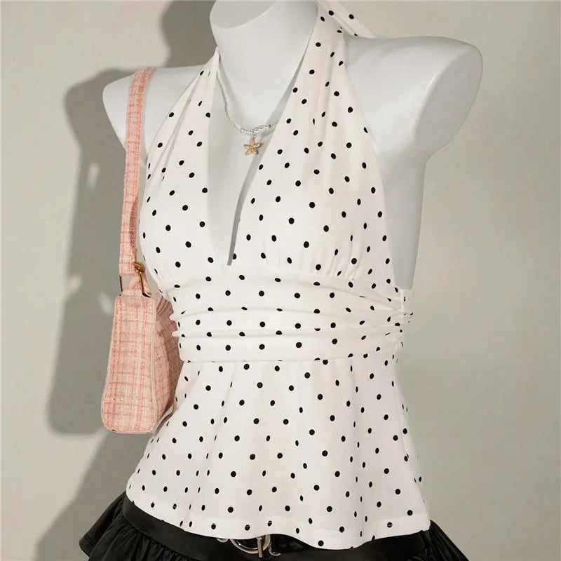 VacationGrabs Ladies Vintage Polka Dot Halter Neck Top Deep V Tie Back Sleeveless Ruched Waist Peplum Tank Top For Y2K Streetwear
