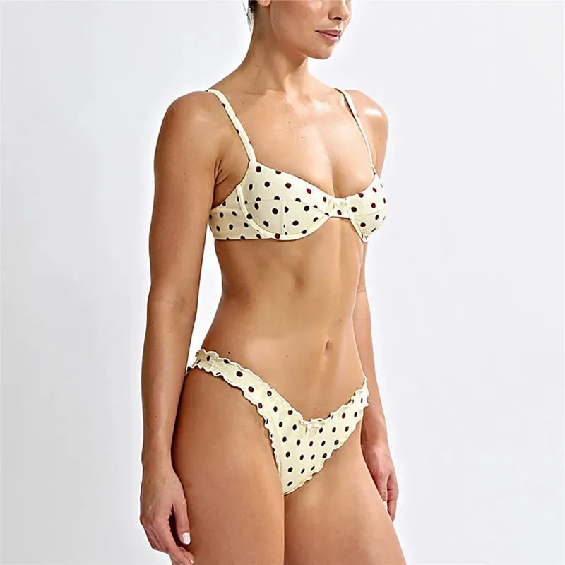 VacationGrabs Women Dots Print 2pcs Bikini Set Holiday Swimsuits Tie-Up Back Bikini Tops Low Rise Thongs Female Bathing Suit Beachwear