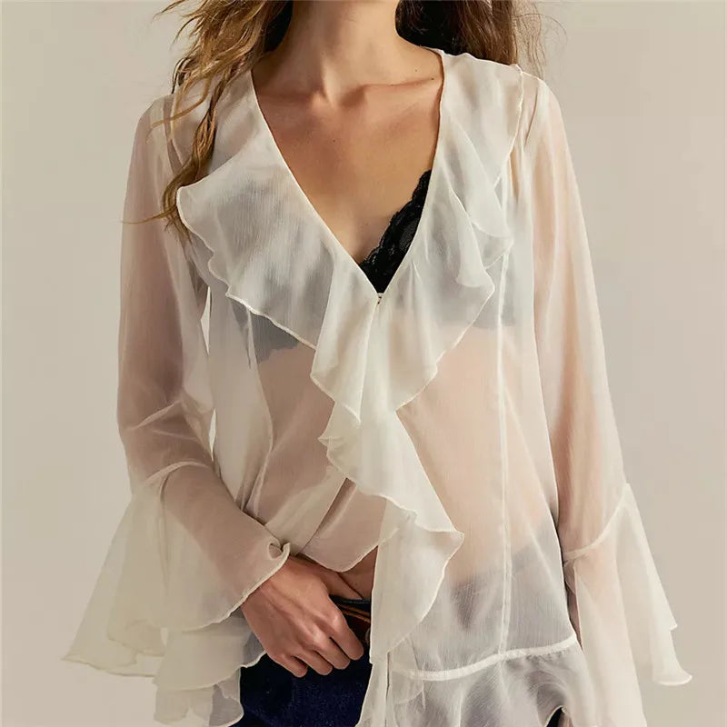 VacationGrabs Women Sheer Lace Ruffled Flowy Tops Chiffon Frilly Layered Bell Sleeve Pirate Top Sexy See Through Blouse Mesh Shirt