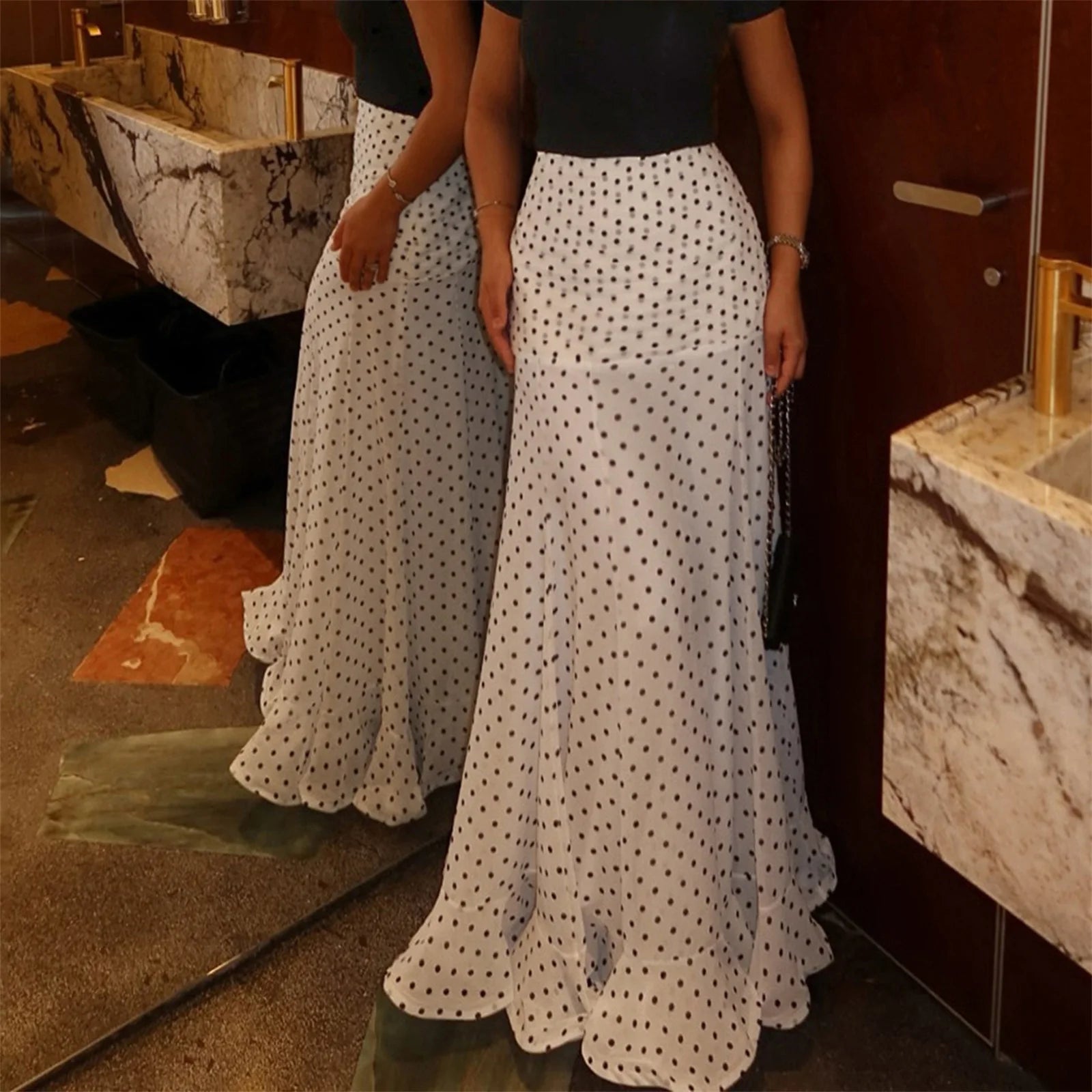 VacationGrabs Polka Dot Floor-length Chiffon Skirt French Style Ruffled Mesh A-line Skirts Elegant Maxi Bottoms High Waist Streetwear
