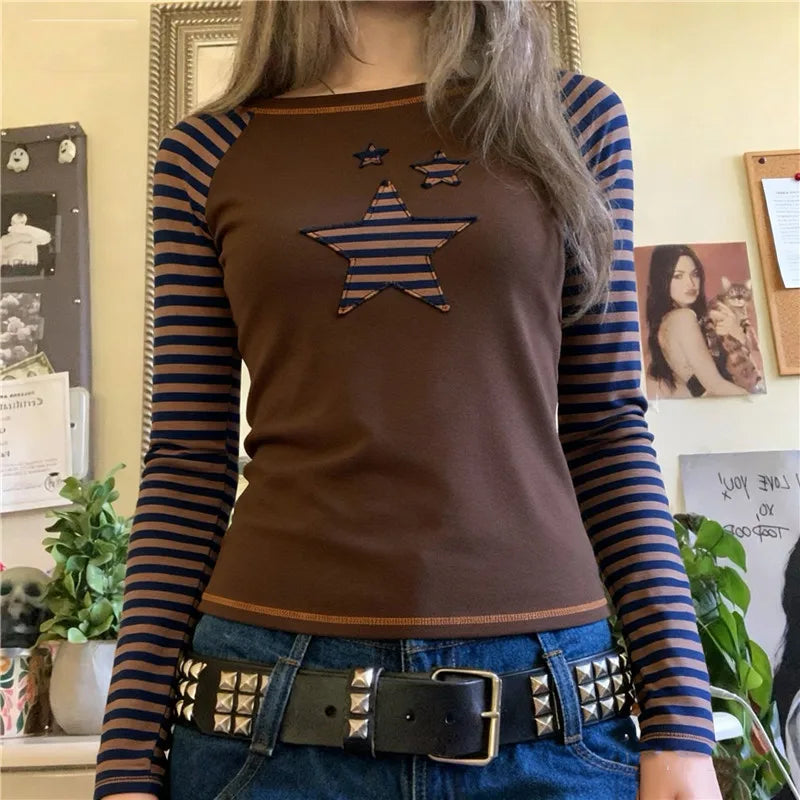 VacationGrabs Vintage Star Raglan Crop Top Ladies Boat Neck Striped Long Sleeve Slim Ribbed Tee Y2K Grunge Street Fashion Short Top