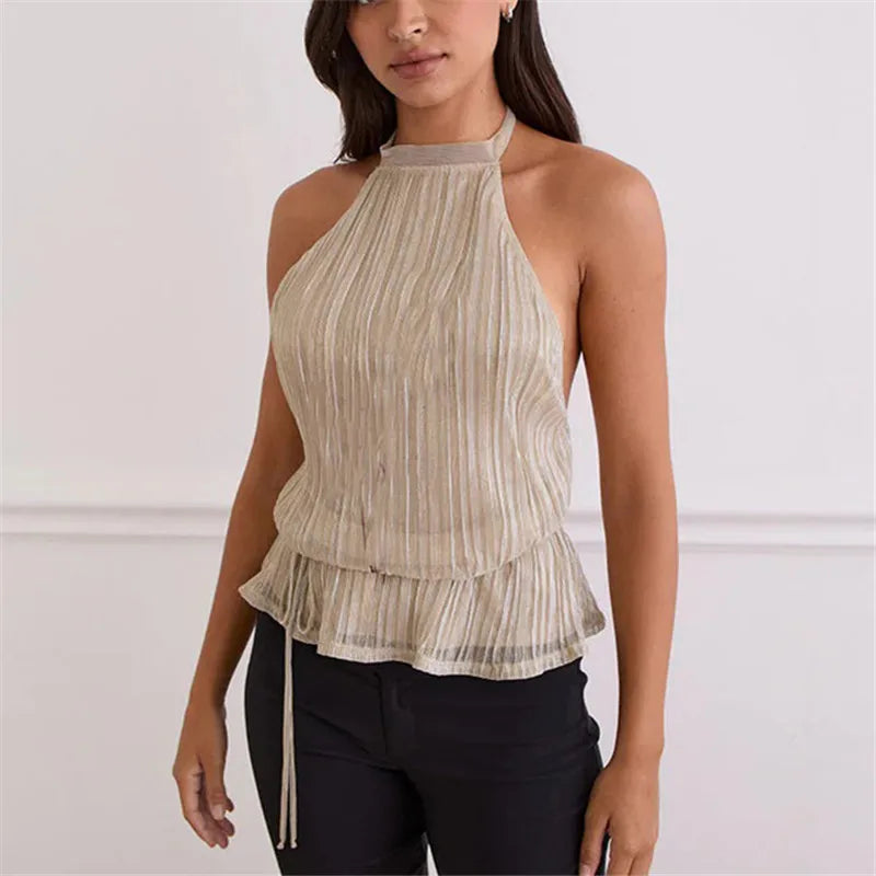 VacationGrabs Y2K Summer Backless Halter Neck Crop Tops Sleeveless Tie Up Open Back Shirts Vest Women's Chiffon Pleated Tank Top