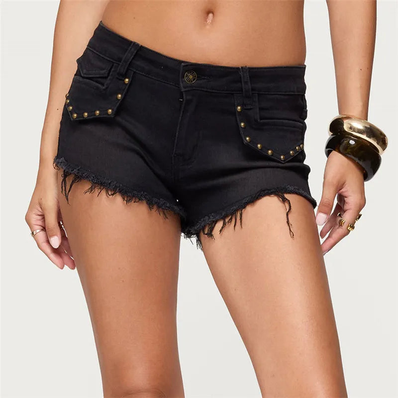 VacationGrabs Y2K Aesthetic Low Waist Denim Shorts Studded Pocket Frayed Hem Vintage Mini Hot Pants for Women Streetwear Summer Shorts