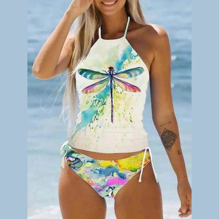 Women's Bathing Suit Drawstring Side Halter Neck Tankini - VacationGrabs