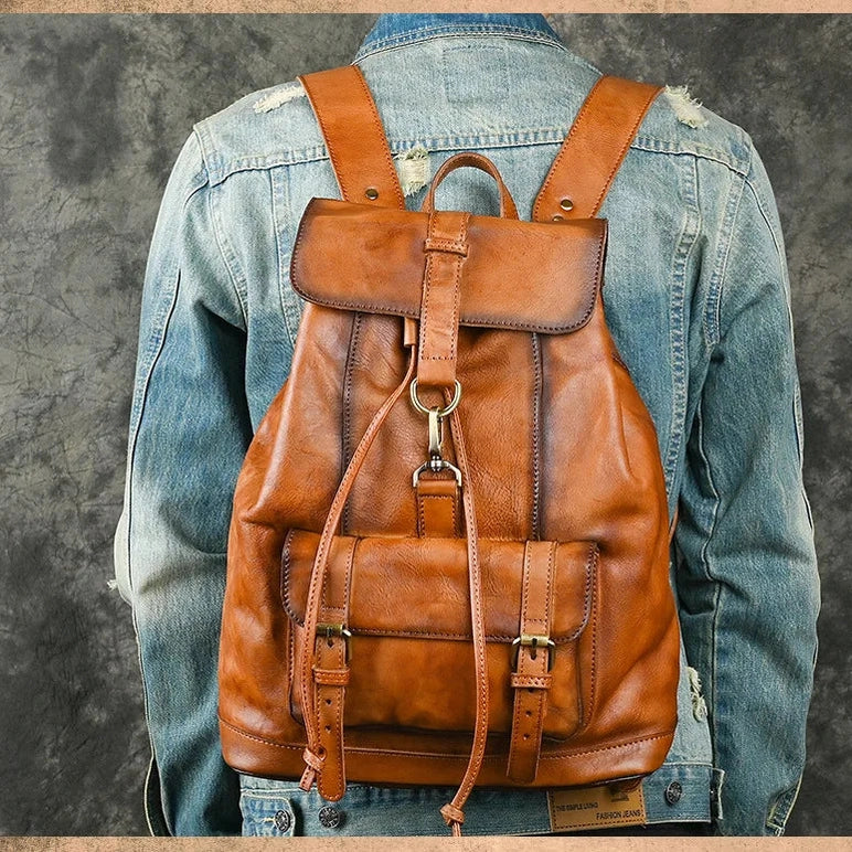 USB Charging Leather Backpack for Men 15.6" Laptop