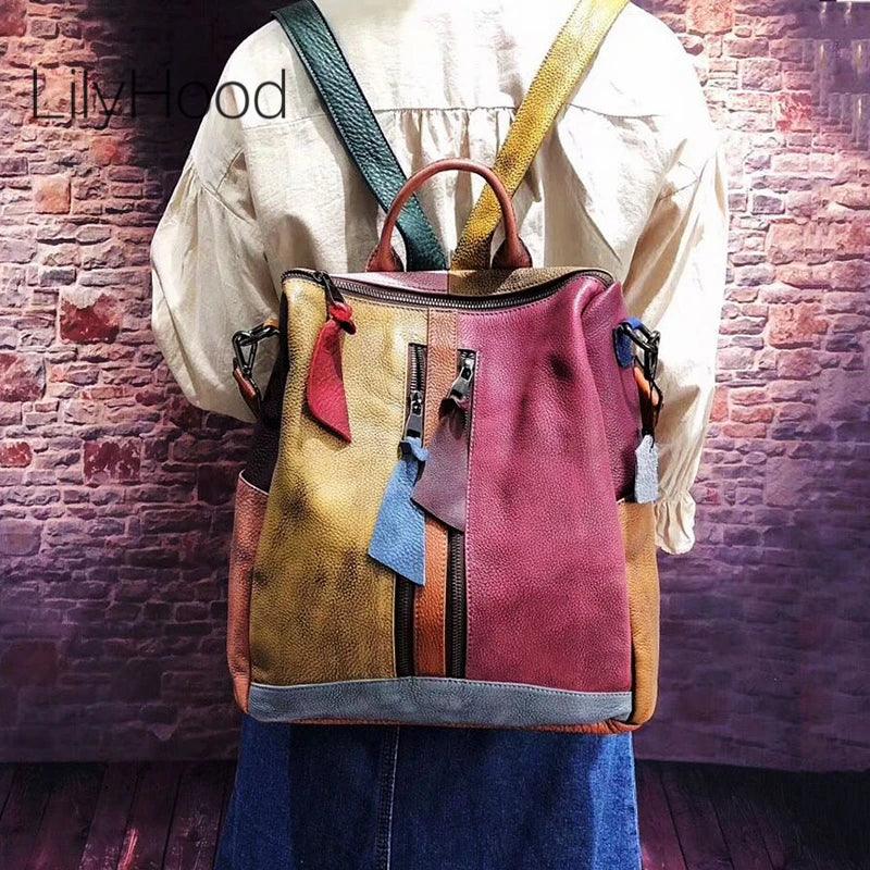 Luggage & Bags - Backpacks Oversized Women Vintage Leather Backpack Travel Casual Retro Patchwork