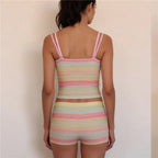 Women's 2 Piece Loungewear Set Pastel Rainbow Striped Seamless Cami Top and Boyshort Set Y2K Cute Ribbed Knit Lingerie Set