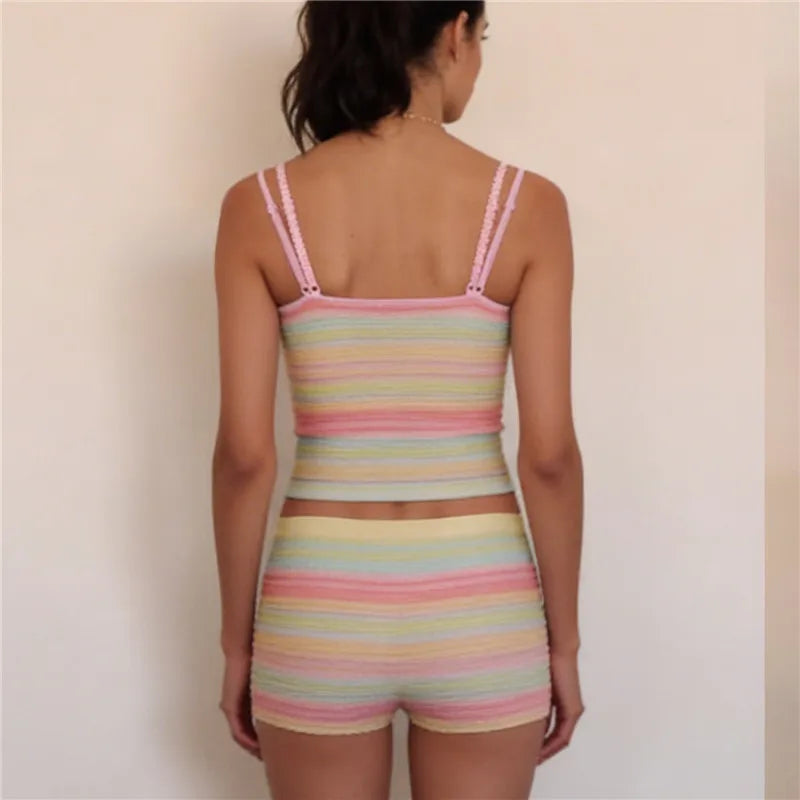 Women's 2 Piece Loungewear Set Pastel Rainbow Striped Seamless Cami Top and Boyshort Set Y2K Cute Ribbed Knit Lingerie Set