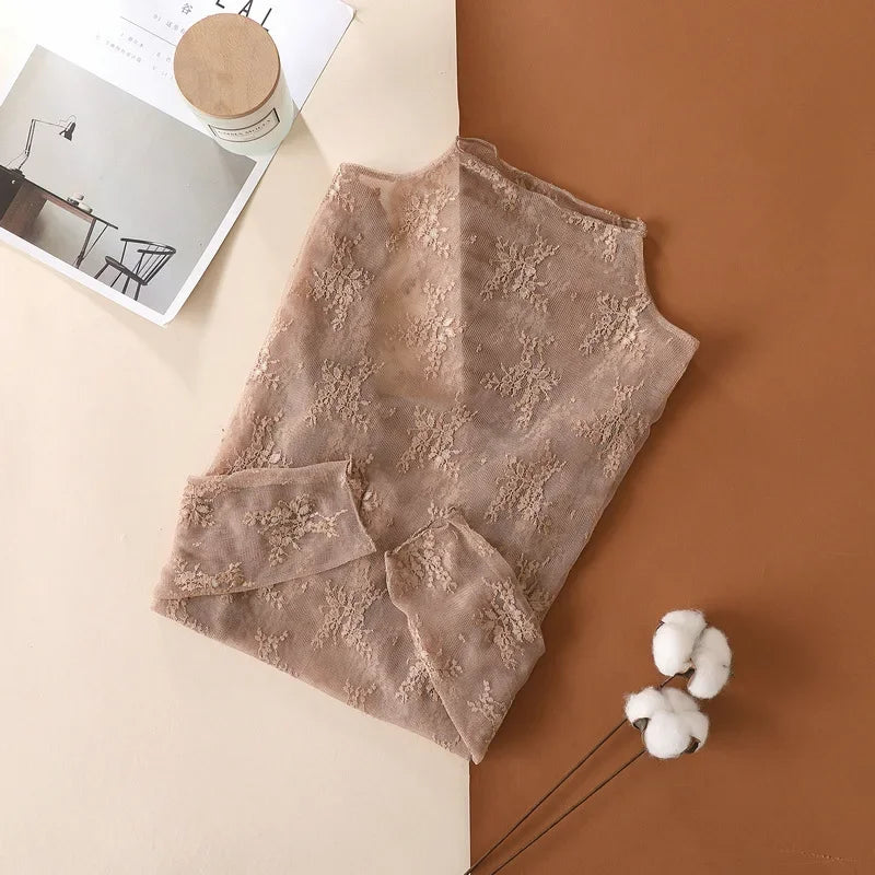 Floral Lace Layering Shirt Long Sleeve See Thru Mesh