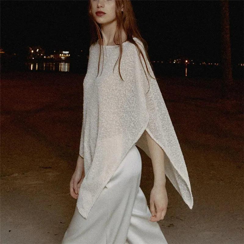 VacationGrabs Women Hollow Out Knit Poncho Cape Boat Neck Loose Irregular Hem Sheer Mesh Knitted Shawl Wrap Metallic Thread Cover Up