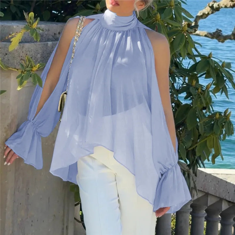 VacationGrabs Minimalist Solid Cold Shoulder Chiffon Blouse Mock Neck Back Tie Split Flare Sleeve Loose Irregular Hem Daily Shirt