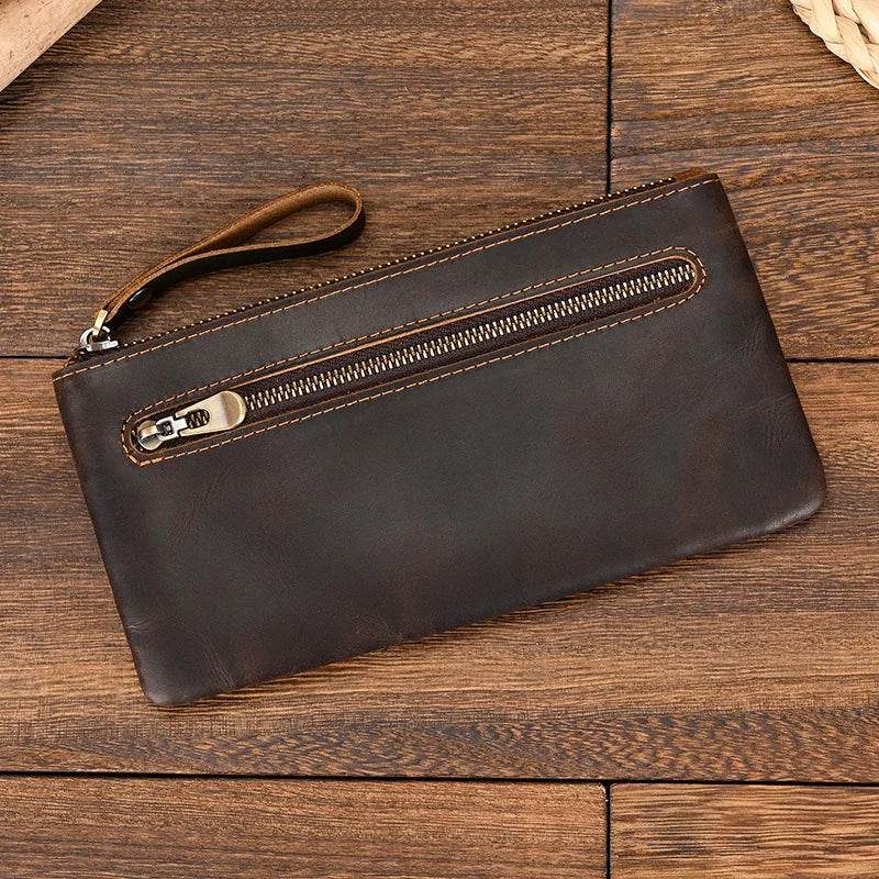 Crazy Horse Leather Zipper Wallet with Key Chain for Coins & Cards - VacationGrabs