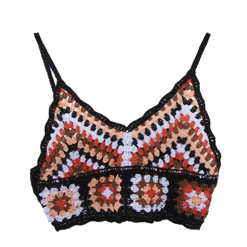 Womens Summer Crochet Knit Crop Top Embroidered Color Block - VacationGrabs