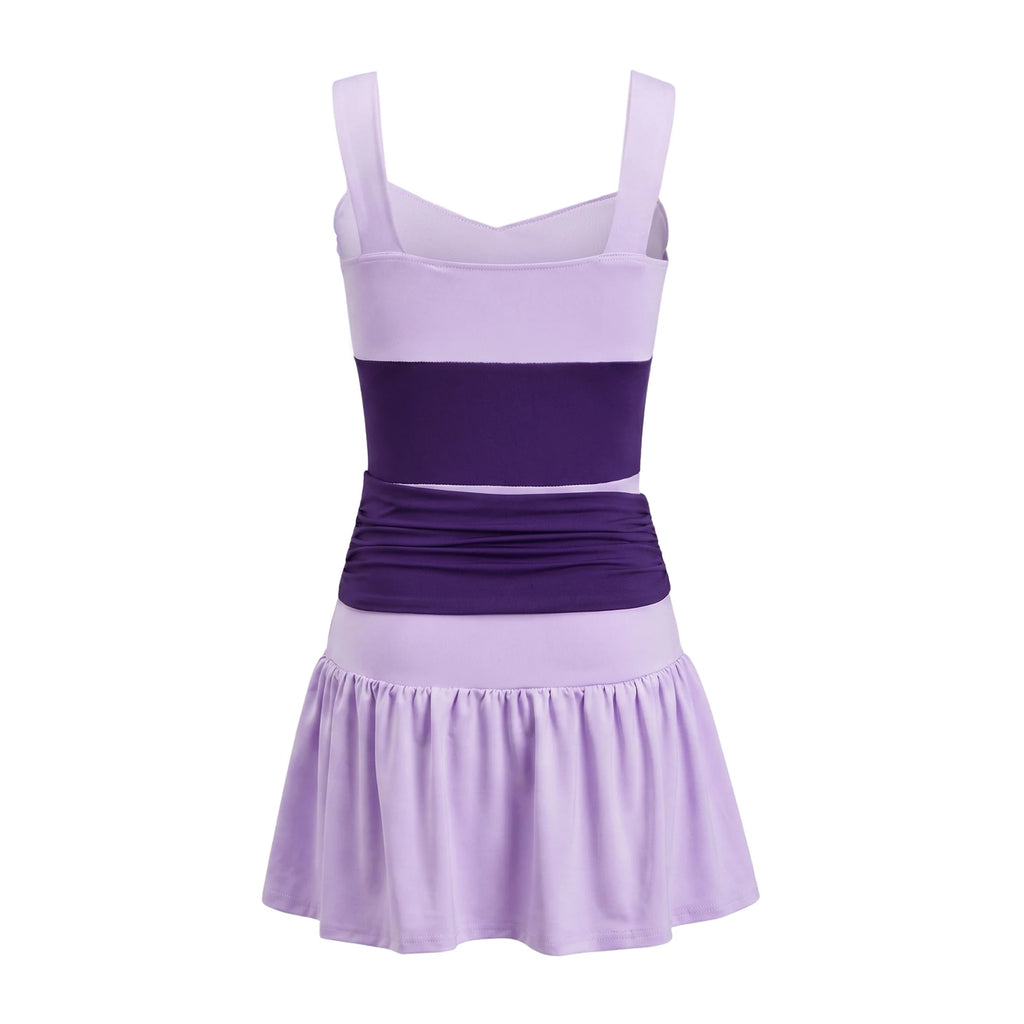 VacationGrabs Summer Color Block Mini Dress Women Wide Strap Sweetheart Neck Side Sash Tie Fake Two Piece Skort Dress Beach Vacation