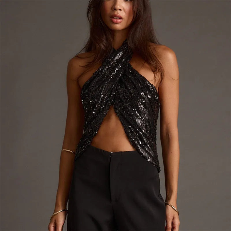 VacationGrabs Women's Summer Halter Neck Tops Sparkly Sequin Sleeveless Open Back Slim Fit Vest for Party Club Night Wear