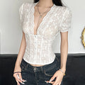 Women Lace Embroidery Slim Crop Tops Short Sleeve Deep V-Neck Button Front Tight Blouse Summer Office Shirt Cardigan