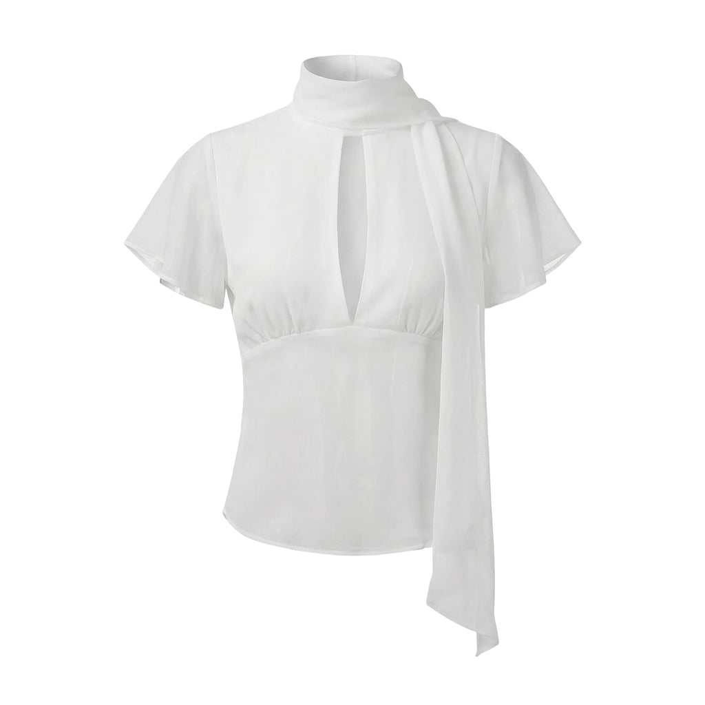VacationGrabs Y2K Women Mesh Sheer Blouse Short Flutter Sleeve Keyhole Neck Tie Scarf Collar Slim Fit Cropped Top Vintage Party Shirt