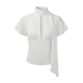 VacationGrabs Y2K Women Mesh Sheer Blouse Short Flutter Sleeve Keyhole Neck Tie Scarf Collar Slim Fit Cropped Top Vintage Party Shirt