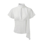 VacationGrabs Y2K Women Mesh Sheer Blouse Short Flutter Sleeve Keyhole Neck Tie Scarf Collar Slim Fit Cropped Top Vintage Party Shirt
