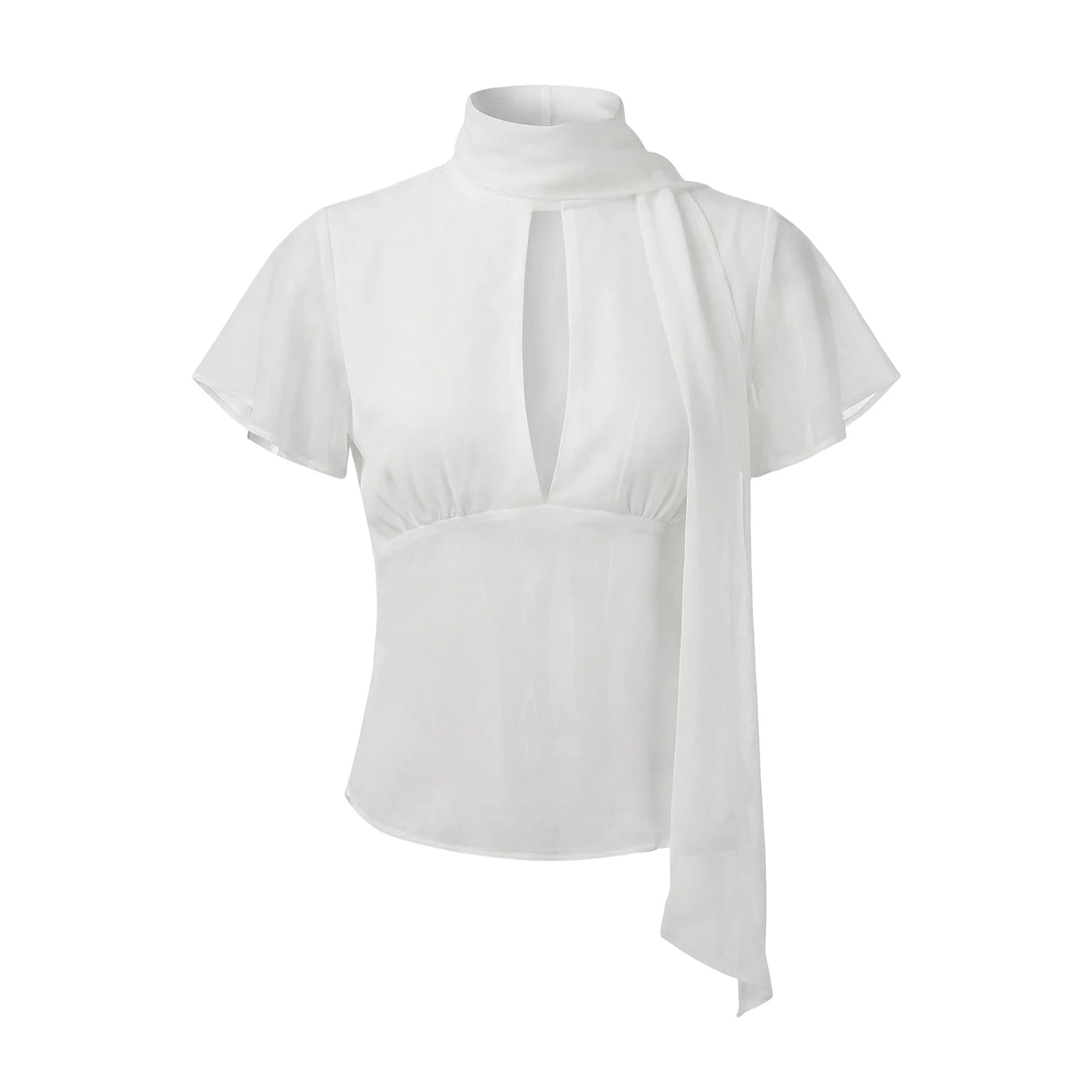 VacationGrabs Y2K Women Mesh Sheer Blouse Short Flutter Sleeve Keyhole Neck Tie Scarf Collar Slim Fit Cropped Top Vintage Party Shirt
