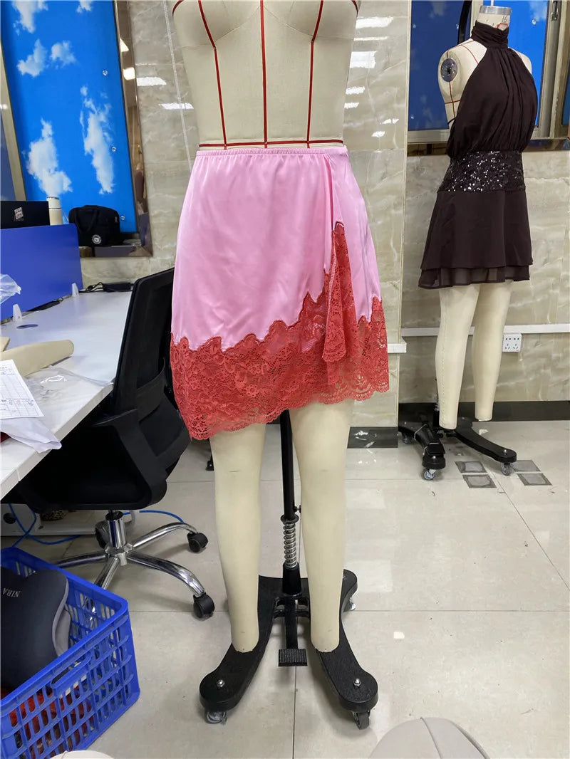 VacationGrabs Flowy A Line Short Fairy Mini Skirt Women Lace Silk Satin Half Slip Skirt Y2k Coquette Low Rise Lace Trim Underskirts