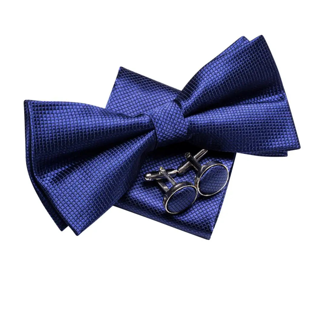 Navy blue bow tie silk set with matching cufflinks for formal occasions