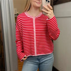 VacationGrabs Casual Color Block Striped Knit Sweater Open Front Cardigan Round Neck Loose Oversized Long Sleeve Cropped Knitwear