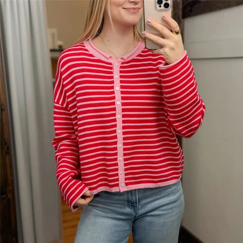 VacationGrabs Casual Color Block Striped Knit Sweater Open Front Cardigan Round Neck Loose Oversized Long Sleeve Cropped Knitwear