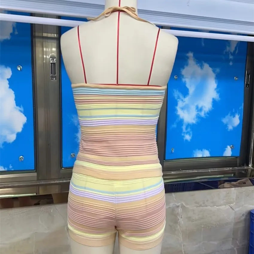 VacationGrabs Y2K Textured Knit Two Piece Set Women Halter Neck Crop Top Low‑Rise Metal Buckle Shorts Summer Vacation Matching Outfit