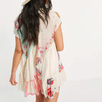 Women's Vintage Boho Mini Dress Y2k Floral Deep V-Neck Puff Sleeve Short Dresses Summer Causal Flowy Beach Sundress
