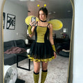 VacationGrabs Women Bumble Bee Halloween Costume Striped Tutu Dress With Bee Wings Antenna Headband Gloves Stockings Cosplay Outfit