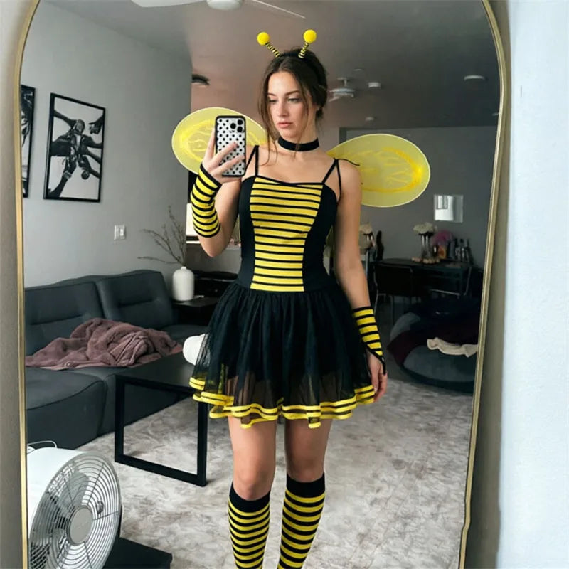 VacationGrabs Women Bumble Bee Halloween Costume Striped Tutu Dress With Bee Wings Antenna Headband Gloves Stockings Cosplay Outfit