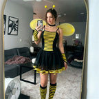 VacationGrabs Women Bumble Bee Halloween Costume Striped Tutu Dress With Bee Wings Antenna Headband Gloves Stockings Cosplay Outfit