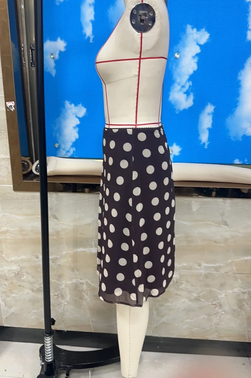 VacationGrabs Women's Boho Polka Dot Midi Skirt High Waist Ruffle Hem Silky Satin Flared Skirt Beach Vacation Summer Casual Skirt