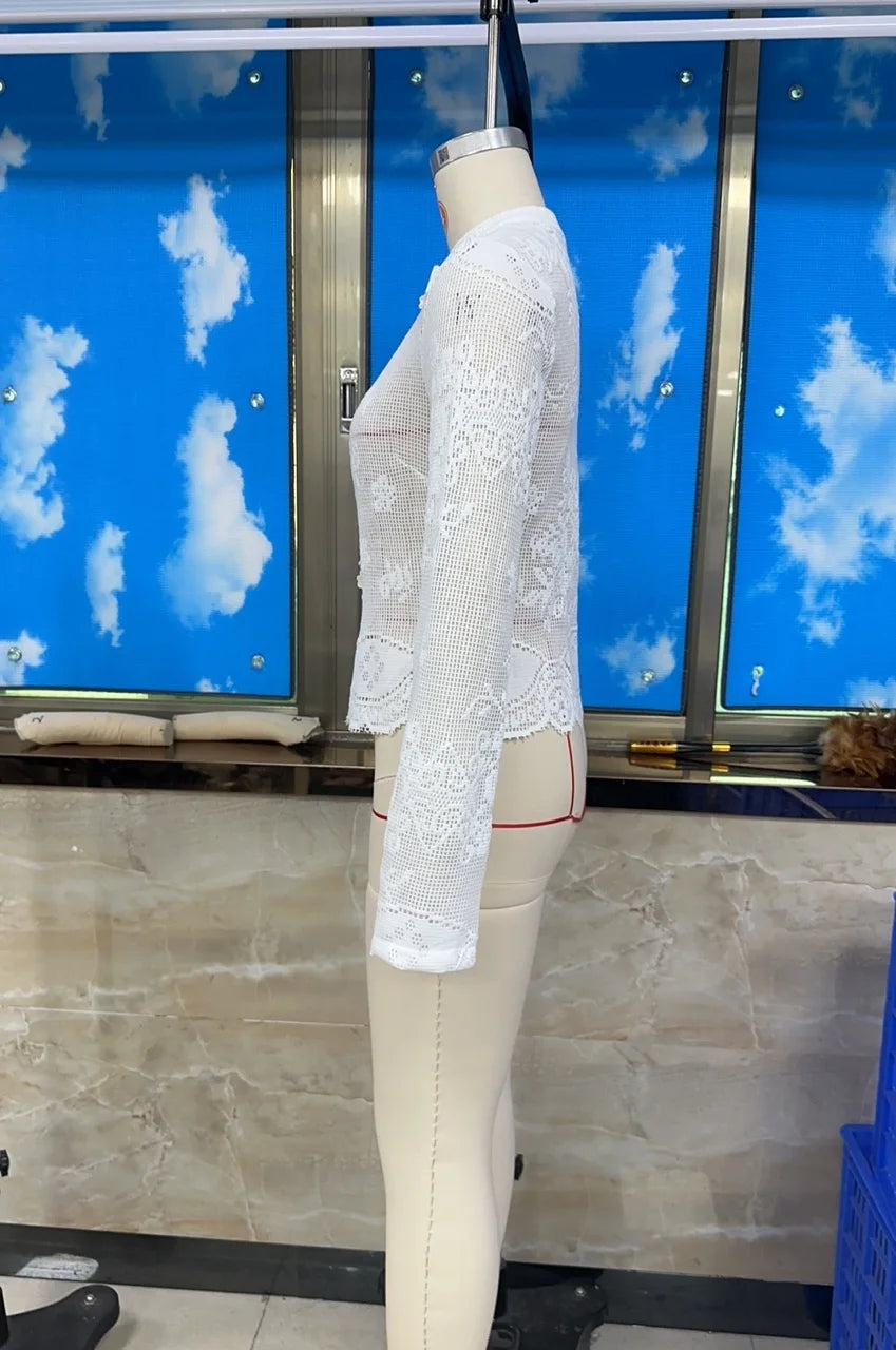 VacationGrabs Hollow Floral Lace Women Cropped Cardigan Stand Collar Long Sleeve Button Sheer See Through Cover Up Casual Beach Tops