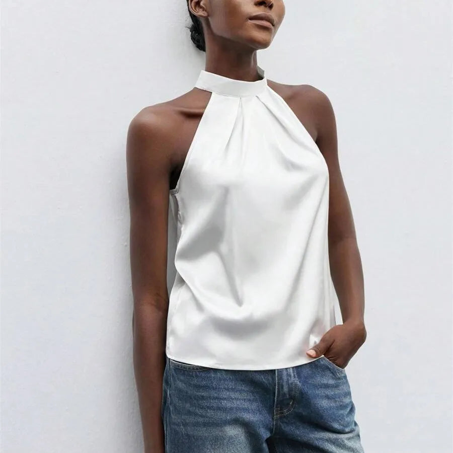 VacationGrabs Elegant Satin Halter Neck Tank Tops Women's Sleeveless Solid Color T Shirt Basic Crop Tops Fashion Summer Party Clubwear