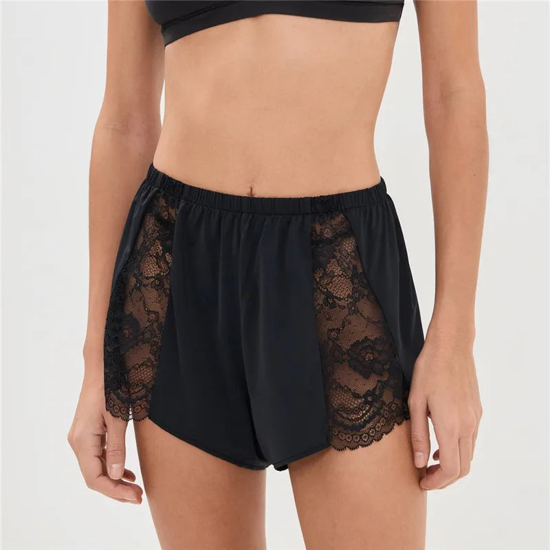 VacationGrabs Women Sexy Lace Trim Sleep Shorts Elastic Waist Satin Pajama Shorts with Floral Lace Panel for Daily Casual Loungewear