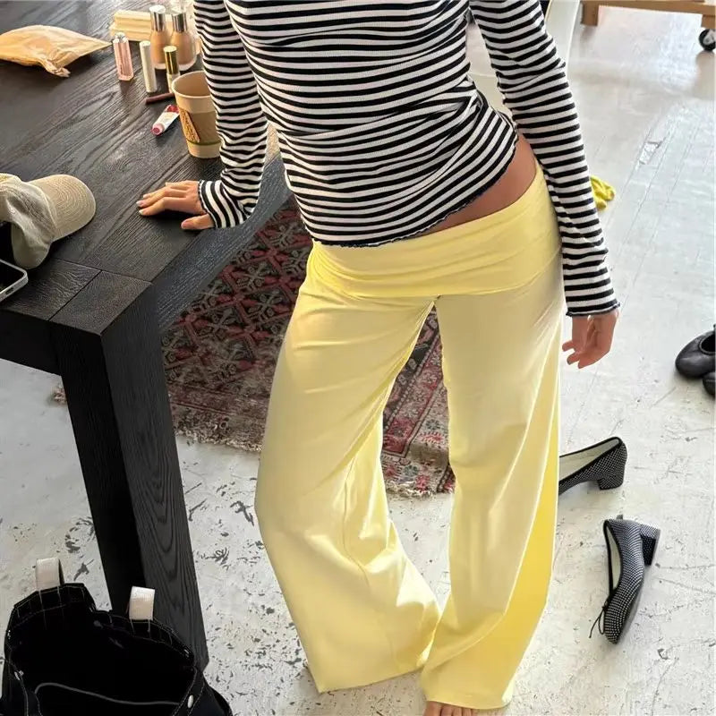 VacationGrabs Women Wide Leg Pants Solid Fold Over Waist Casual Trousers Spring Fall Straight Leg Sweatpants Bottoms Y2K Streetwear