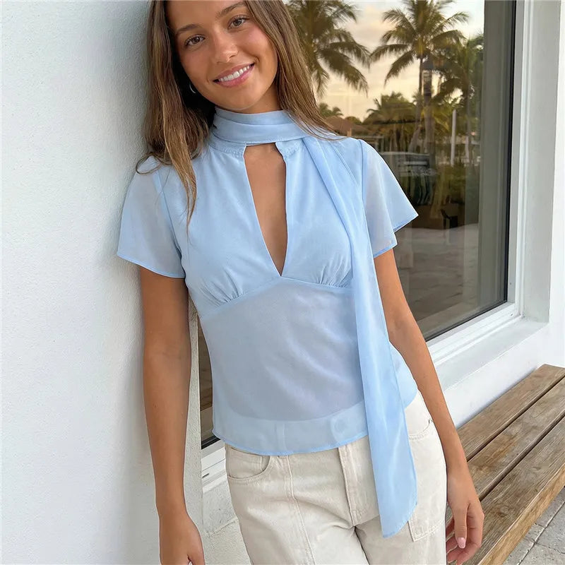 VacationGrabs Y2K Women Mesh Sheer Blouse Short Flutter Sleeve Keyhole Neck Tie Scarf Collar Slim Fit Cropped Top Vintage Party Shirt