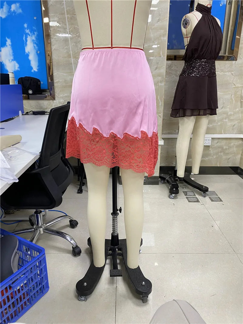 VacationGrabs Flowy A Line Short Fairy Mini Skirt Women Lace Silk Satin Half Slip Skirt Y2k Coquette Low Rise Lace Trim Underskirts