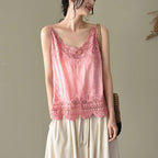 Women V Neck Camisole Loose Fit Hollowed Flower Embroidered Spaghetti Strap Cotton Linen Tops Casual Summer Streetwear