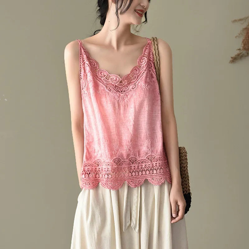 Women V Neck Camisole Loose Fit Hollowed Flower Embroidered Spaghetti Strap Cotton Linen Tops Casual Summer Streetwear