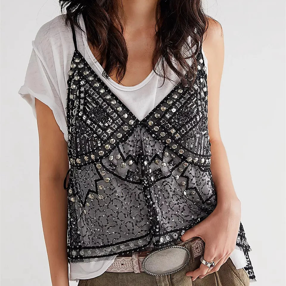 VacationGrabs Women Y2K Sequin Mesh Tank Top Glitter Floral Embroidered Cami Crop Top Coquette Sleeveless Backless Rhinestone Camisole