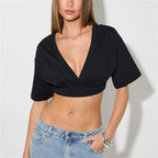VacationGrabs Women Deep V Neck Short Sleeve Crop Top Loose Drop Shoulder Ruched Bust Wrap Front Cropped T Shirt Y2K Casual Streetwear